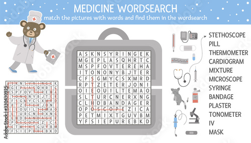 Vector health care wordsearch puzzle with pictures. Medicine quiz for children. Educational crossword activity with cute medical equipment and doctor.