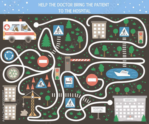 Medical maze for children on black background. Preschool medicine activity. Funny puzzle game with cute emergency car and clinic. Help the ambulance get to the hospital..