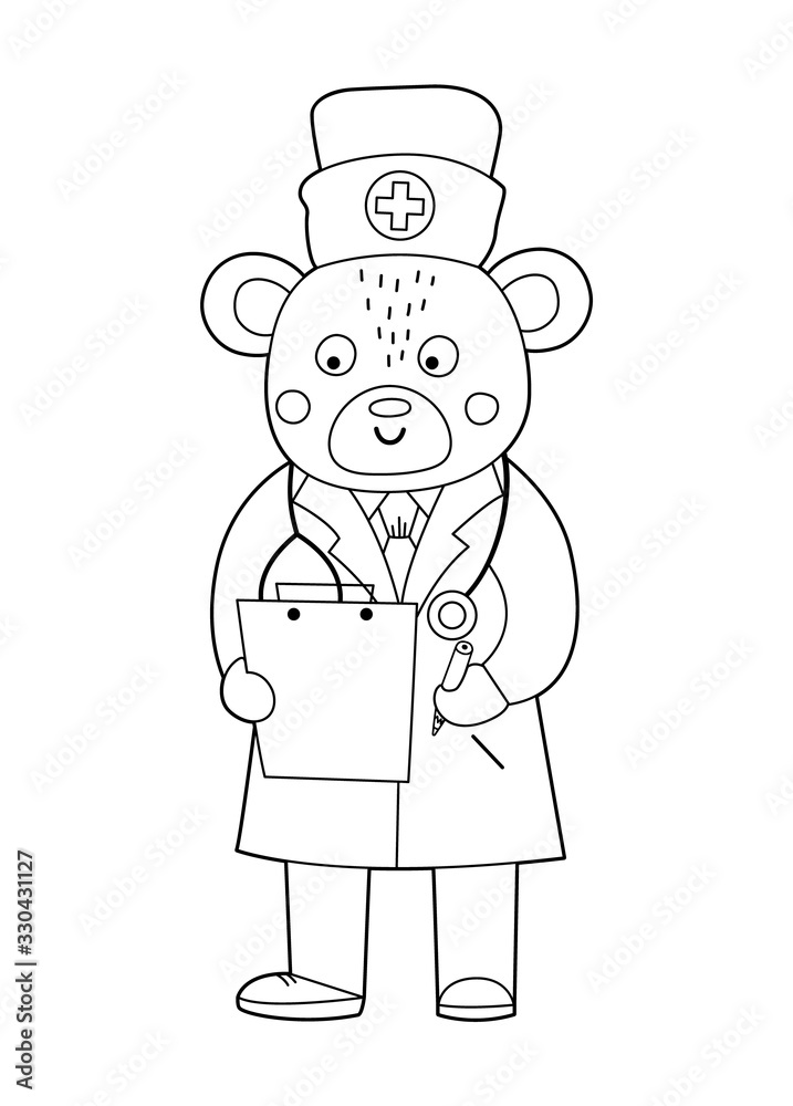 Vector outline bear doctor with stethoscope writing an anamnesis. Cute funny animal character. Medicine coloring page for children. Healthcare icon isolated on white background.