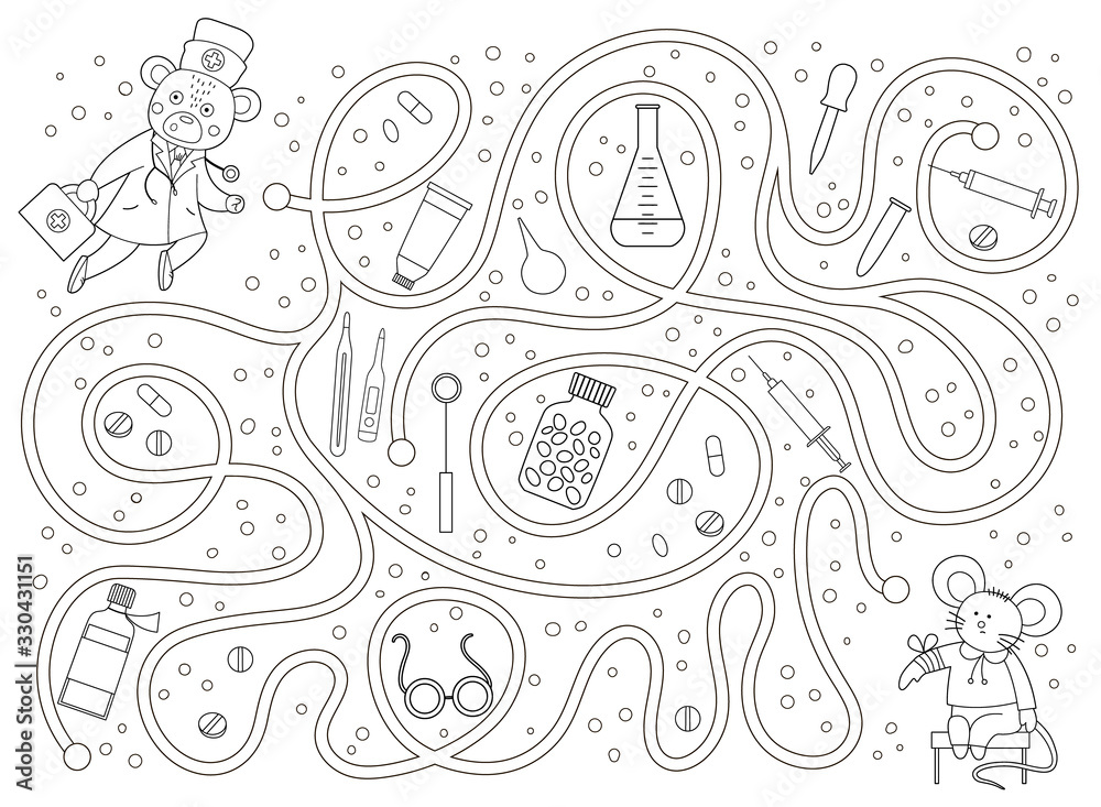 Medical outline maze for children. Preschool medicine activity. Funny puzzle game and coloring page with cute doctor bear, ill mouse, pills, med equipment. Help the doctor get to the patient..