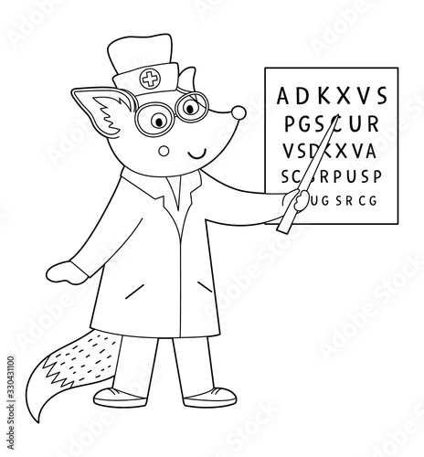 Vector outline animal doctor. Cute funny fox character. Medical coloring page for children. Hospital illustration isolated on white background. .