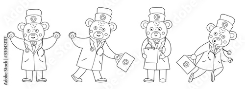 Set of vector outline bear doctors in medical hat with stethoscope. Cute funny animal character. Medicine coloring page for children. Healthcare icon isolated on white background.