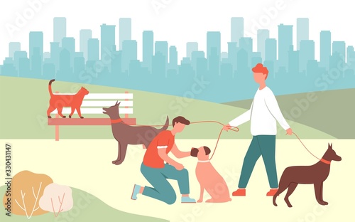 Dog Walker Job. Cartoon Man Walk in Park Holding Leash in Hand. Boy Pet Boxer in Collar Vector Illustration. Doberman Bark at Cat on Bench. Doggy Play Outdoors. Animal Love, Care, Training