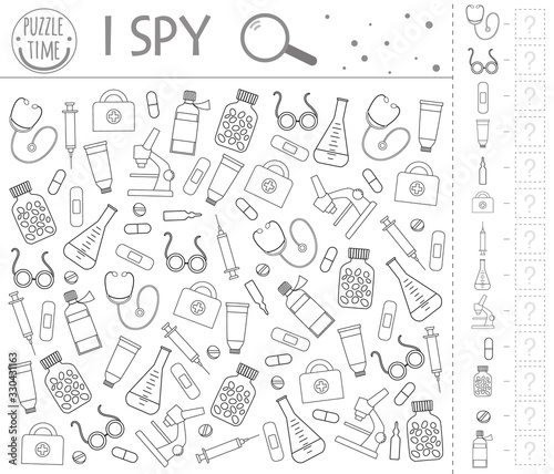 Medical outline I spy game for kids. Healthcare themed searching and coloring activity for preschool children with cute elements. Funny health check game for kids. Logical quiz worksheet..