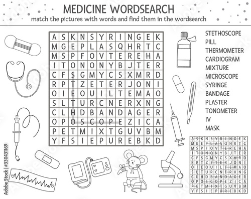 Vector health care outline wordsearch puzzle with pictures. Medicine quiz for children. Educational coloring page or crossword activity with cute medical equipment and doctor.