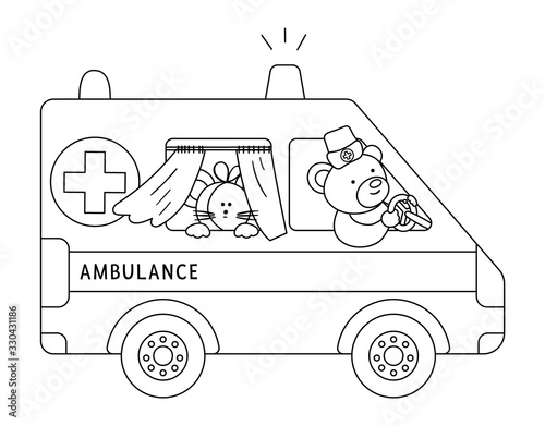 Vector outline ambulance with cute animals inside. Bear doctor driving emergency car with ill mouse. Funny special medical transport coloring page for kids..