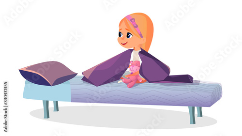 Cartoon Little Girl in Pajamas with Teddy Bear Sit in Bed Vector Illustration. Cute Kid in Sleepwear in Cozy Blanket Pillow. Bedroom Nursery. Good Night Baby. Bedtime Toddler. Pyjamas Clothes