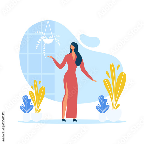 Flat Cartoon Beautiful Woman Character Wearing Elegant Long Red Dress. Beauty Industry. Cosmetology and Rejuvenation Procedure. Body and Health Care. Female Wellness. Cutout Vector Illustration