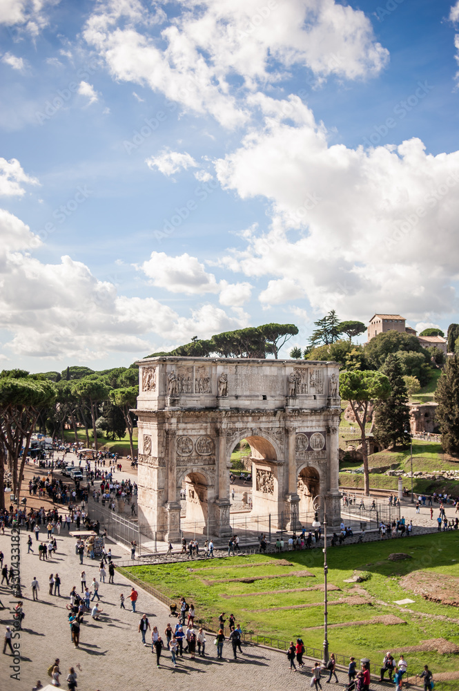 Arc of Constantine and Palatine Hill. View from Colosseum. Rome Italy