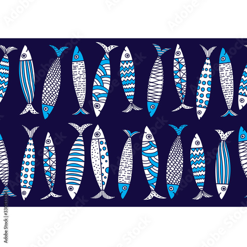 Vector seamless horizontal border with fish. Cute sardines. photo