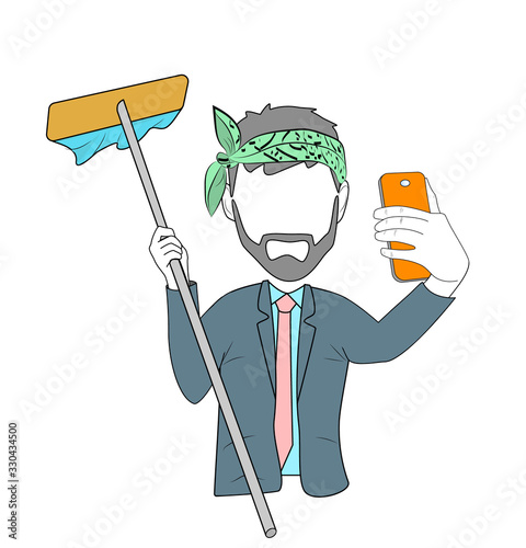 Businessman with a mop takes a selfie. cleaning concept. dependence on social networks. vector illustration.