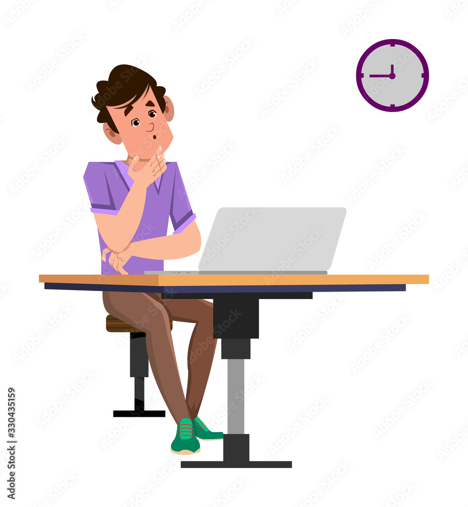 tired man sitting on an office chair and looking on a wall clock tired man sitting on an office chair and looking on a wall clock
