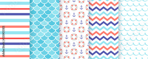 Nautical seamless pattern. Vector. Marine sea backgrounds with Lifebuoy, anchor, zigzag, waves and stripes. Set blue summer prints. Geometric texture for baby shower, scrapbooking. Color illustration