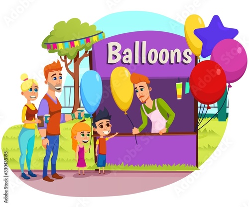 Advertising Flyer Inscription Balloons Cartoon. Poster Amusement Park Standard Area. Dad and Mom Brought Children to Park. Seller Sells Balloons to Children Flat. Vector Illustration.
