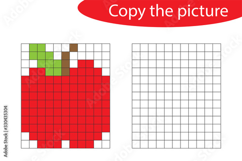 Copy the picture  pixel art  apple cartoon  drawing skills training  educational paper game for the development of children  kids preschool activity  printable worksheet  vector illustration