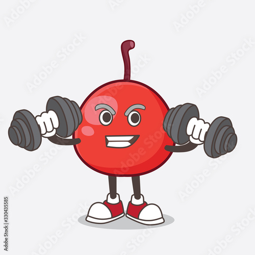 Red Berry cartoon mascot character on fitness exercise trying barbells