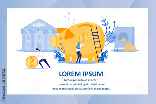 Young Enterprising People, Making Money from Bank and Rolling Out Huge Golden Coins. Borrowing to Start Profitable Business as One Traditional Ways to Achieve Financial Goal. Infomercial Banner.
