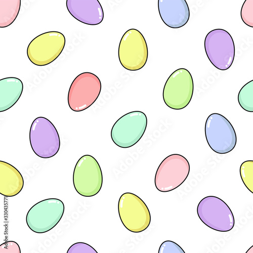 Happy Easter seamless pattern with painted eggs. Fun holiday elements in delicate colors - pink, blue, yellow, purple, green, lilac,mint and coral. Square format, vector flat illustration isolated on