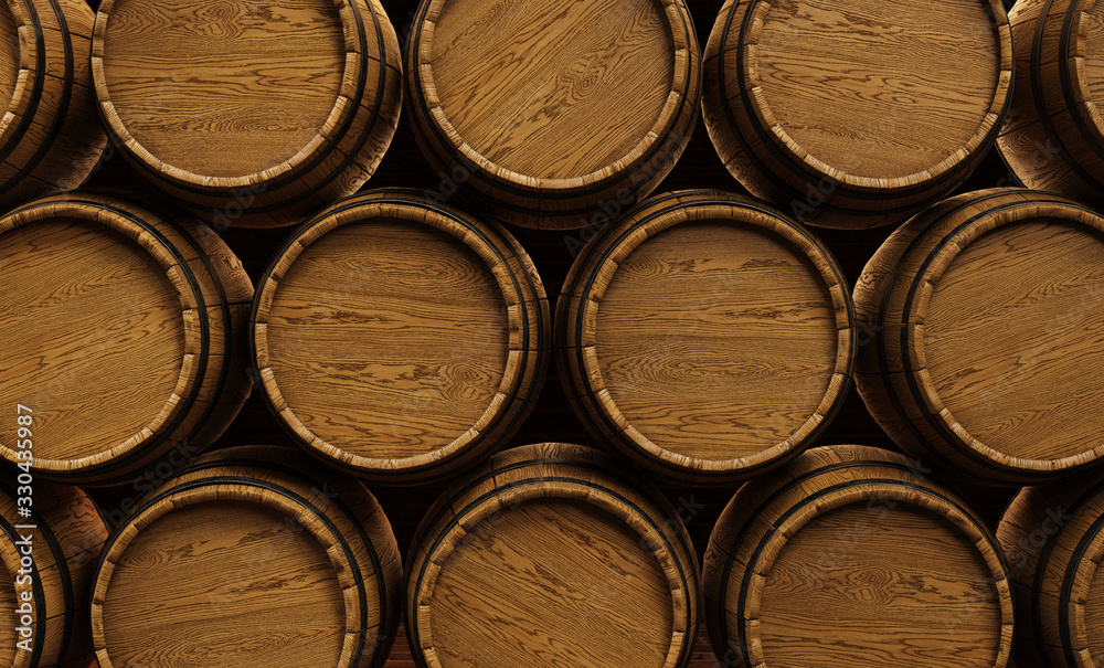 Wooden wine barrels stacked at the winery. 3d illustration Wooden wine barrels stacked at the winery. 3d illustration