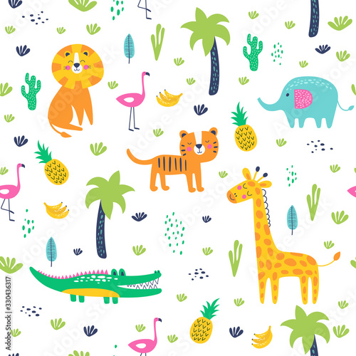 Seamless pattern wild animals in jungle. Kids vector