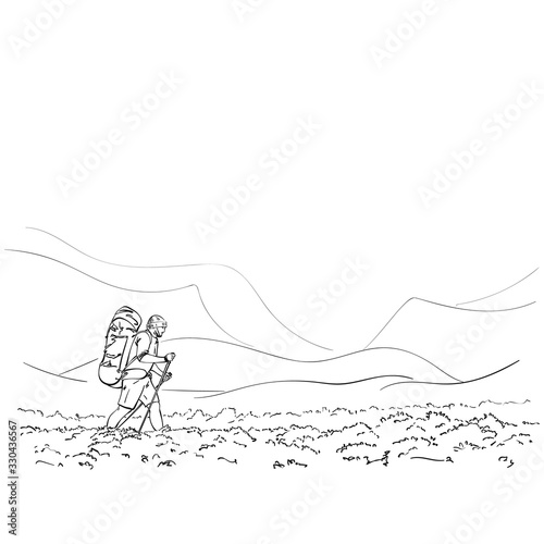 Sketch of man trekking with big backpack in mountain landscape, Hand drawn vector linear illustration