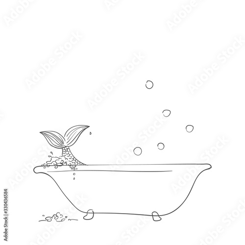 Sketch of mermaid in bathtub, Hand drawn vector illustration