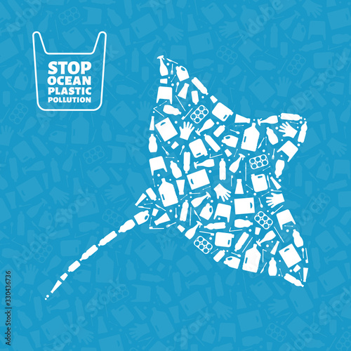 Plastic waste ocean environment problem concept vector llustration. Ray marine fish silhouette filled with plastic garbage flat icons. Microplastic pollution problem, single use plastic ecology crisis