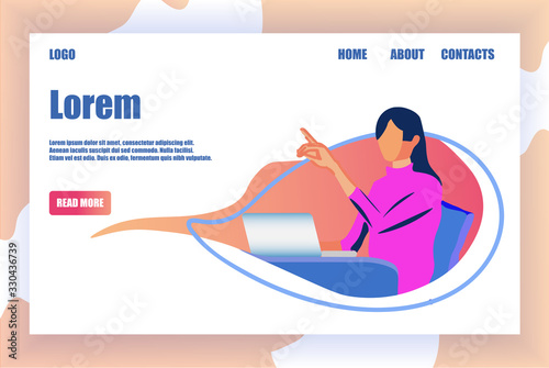 Company Flat Design Landing Page with Office Worker, Freelancer, Call Center Operator, Personal Secretary Cartoon Female Faceless Character Sitting at Laptop. Vector Portrait Illustration