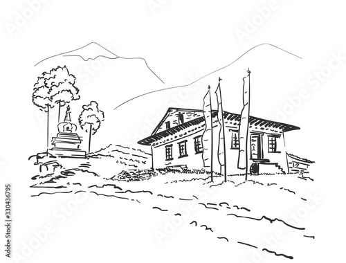 Sketch of small monastery with praying flags and small stupa surrounded by trees on background of mountains, Hand drawn vector linear illustration. Nepal Himalayas