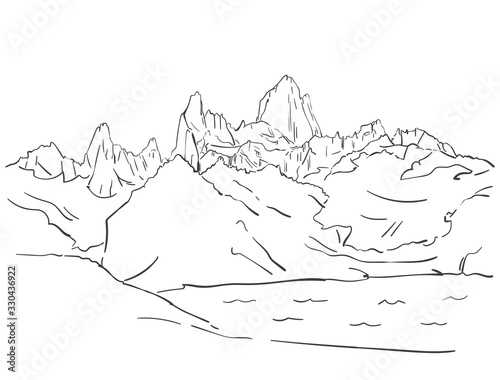 Linear sketch of Fitz Roy mountain massif in Patagonia, Hand drawn vector illustration