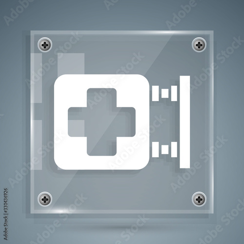 White Hospital signboard icon isolated on grey background. Square glass panels. Vector Illustration