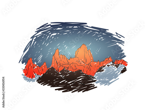 Sketch of Fitz Roy mountain massif at sunrise, Hand drawn vector colored illustration