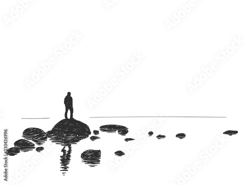 Hand drawn silhouette of man standing on big boulder with reflection in calm water. Vector sketch