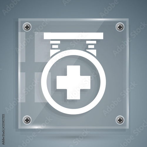 White Hospital signboard icon isolated on grey background. Square glass panels. Vector Illustration