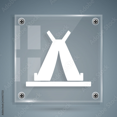 White Traditional indian teepee or wigwam icon isolated on grey background. Indian tent. Square glass panels. Vector Illustration