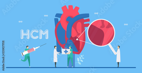 Cardiology vector illustration. This disease calls Hypertrophic Cardiomyopathy. Ability of blood pumping is decreased. Portion of heart becomes thickened. Flat tiny element EPS10.