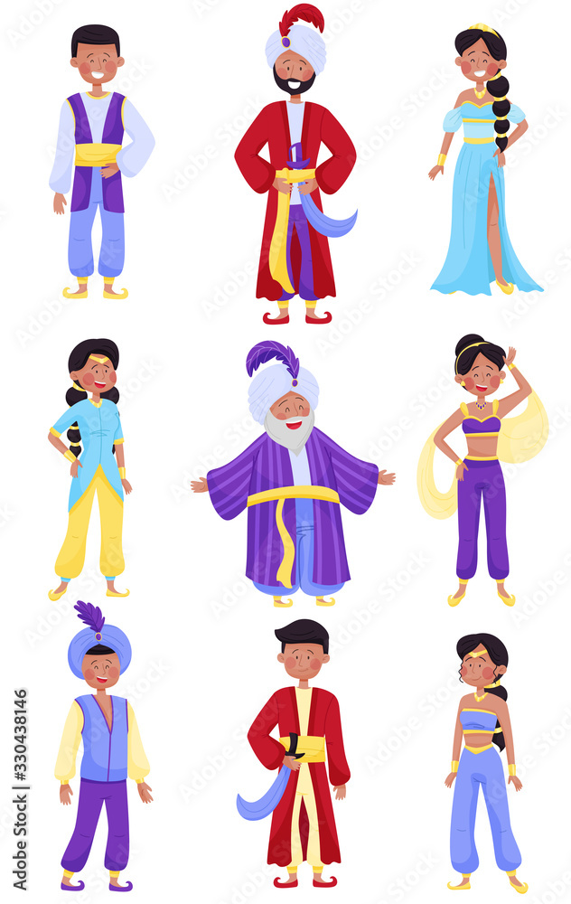 People Characters Wearing East Clothing Vector Illustrations Set