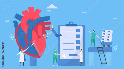 Cardiology vector illustration. This disease calls restrictive cardiomyopathy. Heart is restricted from stretching and filling with blood. Walls of heart are rigid. Diagnostic and analysis of doctors.