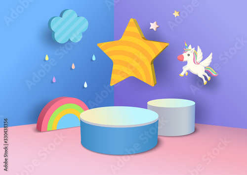 3d Podium with rainbow, cloud, star and unicorn.