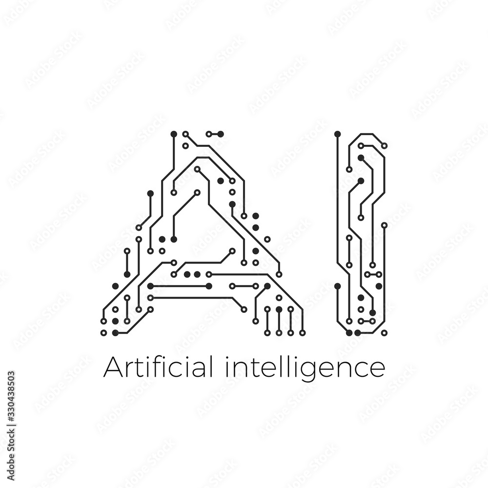 Artificial intelligence concept. Circuit board AI logo. Vector illustration