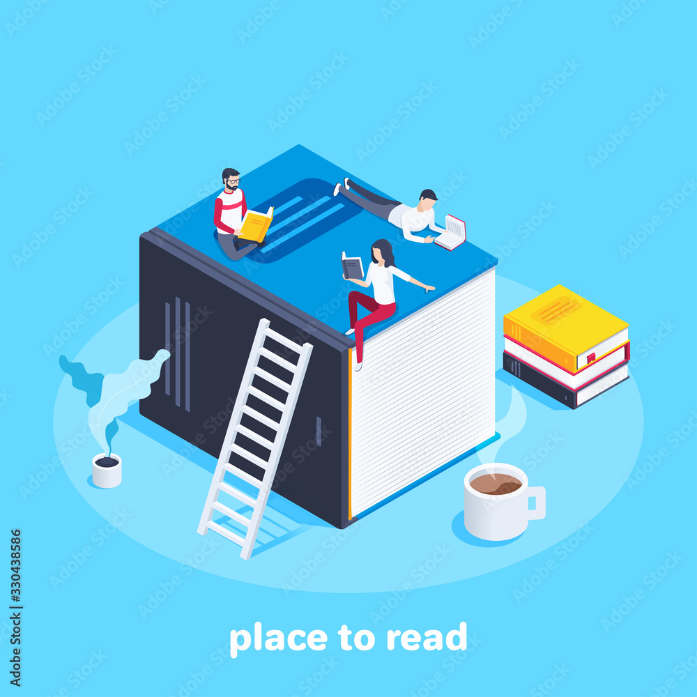 isometric vector image on a blue background, young people on a huge book read and study, a library and a place to read