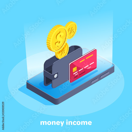 isometric vector image on a blue background, a leather wallet and a credit card on a smartphone screen with falling gold coins, money income