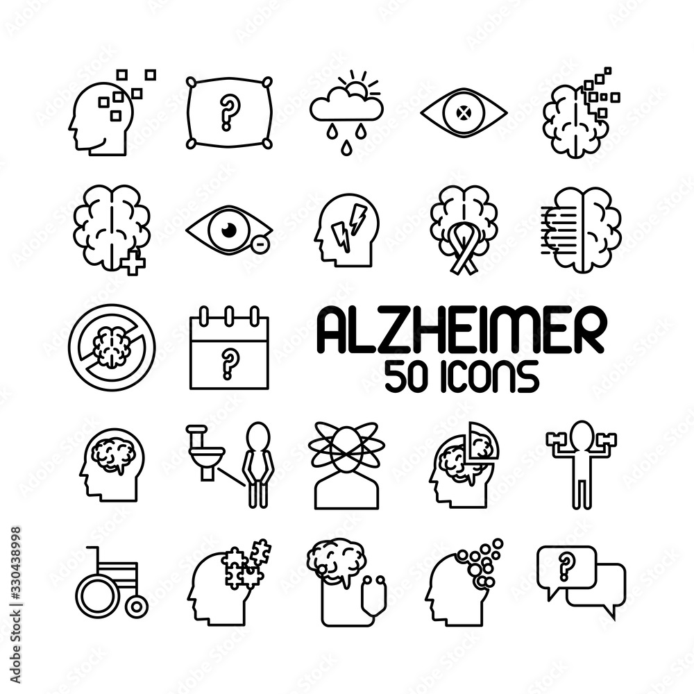 Fototapeta premium bundle of alzheimer set icons and lettering