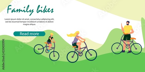 Father with Kids Riding Bicycles Traveling or Training Outdoors. Happy Family Active Spare Time, Sport Healthy Lifestyle, Summertime Vacation Relax. Cartoon Flat Vector Illustration, Horizontal Banner