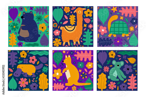 Hand drawn animals collection with flowers and leaves. Cute kids style  template design on colorful background. Vector illustration