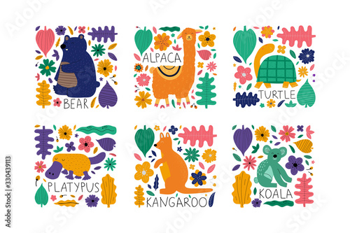 Hand drawn colorful animals collection with flowers and leaves. Cute kids style template design on white background. Vector illustration