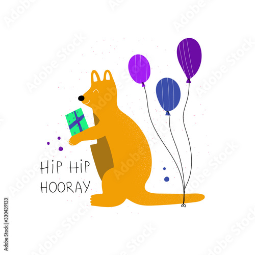 Hand drawn colorful kids birthday greeting card template. Cute kangaroo with balloons and text Hip hip horray. Flat vector illustration photo