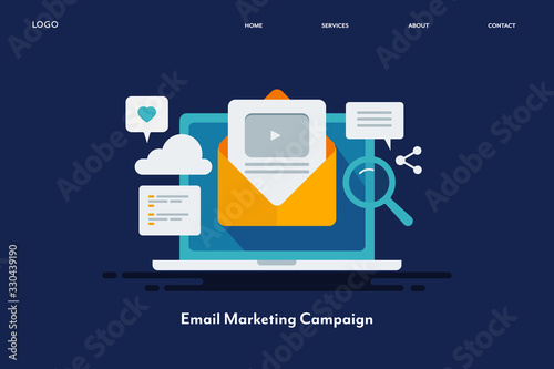 Video email campaign, email newsletter with video marketing strategy, email promotion for more customer engagement, internet technology concept. Flat design web banner template for social, blog.