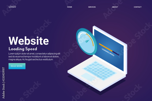 Website loading speed, website seo with speed test concept. Isometric design web banner template with text.