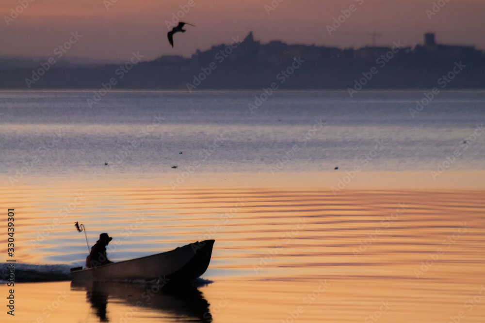 Fototapeta premium Trasimeno lake at sunset with a man on a little boat and birds